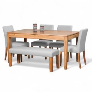 Juego de Comedor de Madera Paraíso – Mesa con Sillas y Banco Tapizado